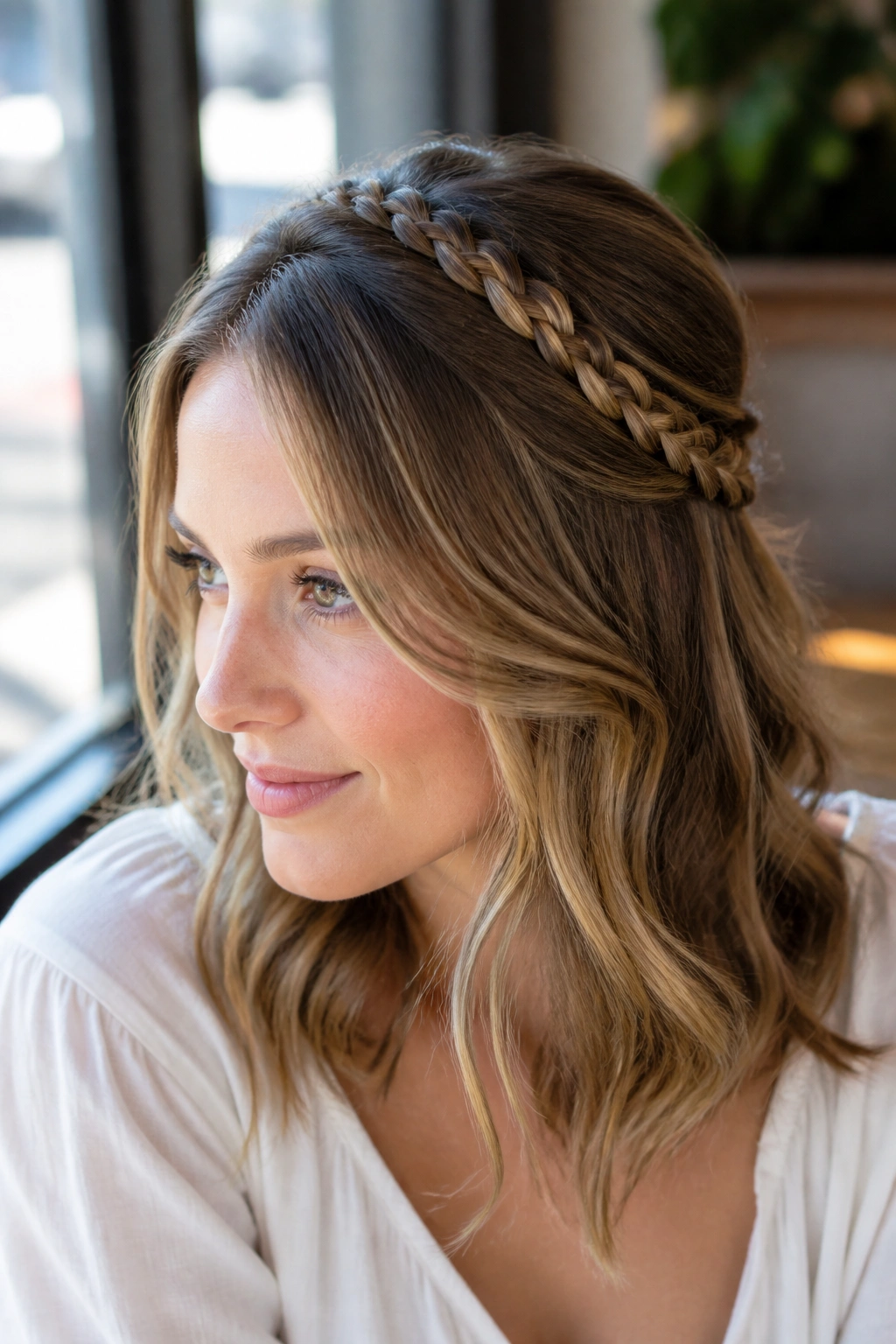 Close-up of a real woman with a slim braided headband across the crown