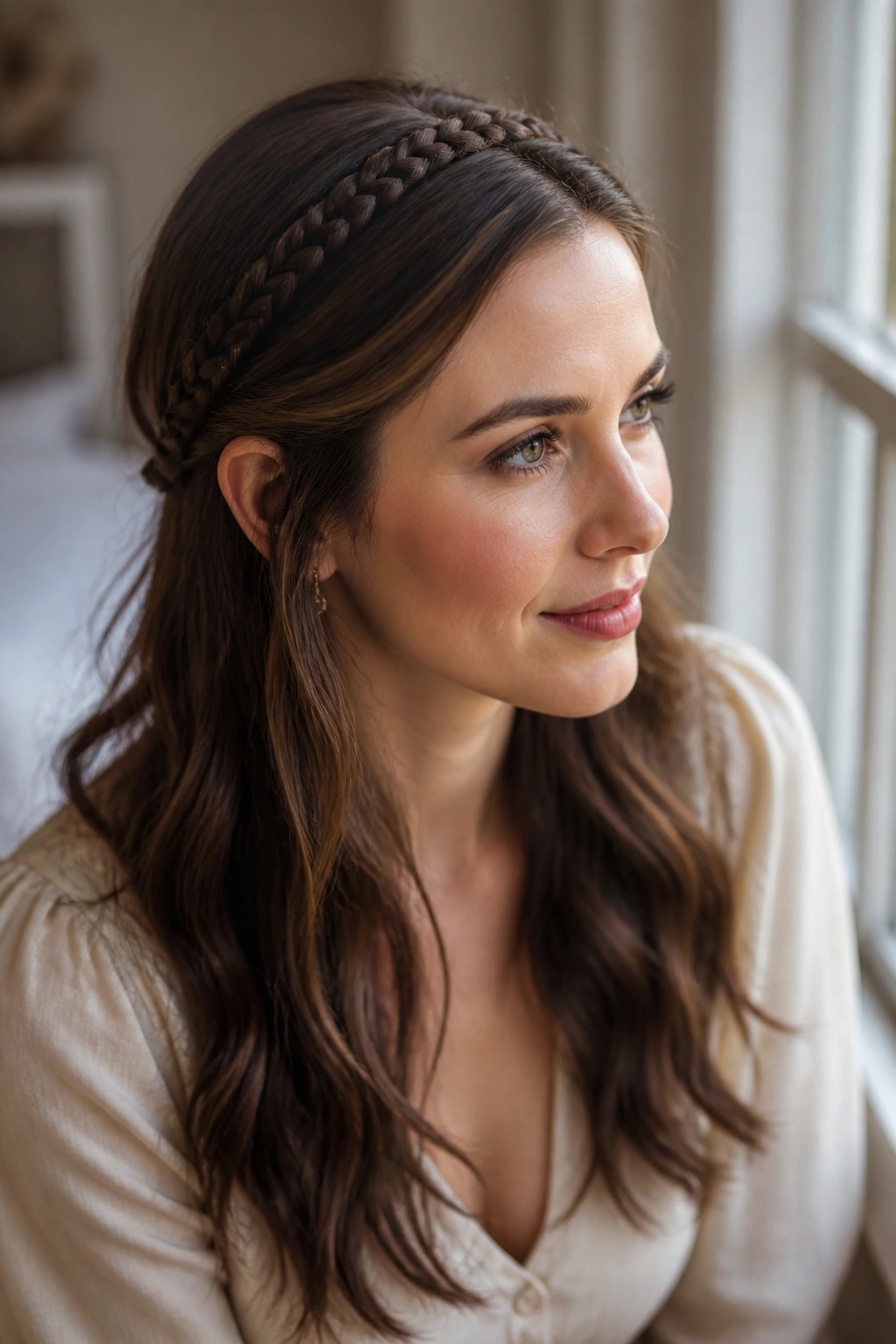 Close-up of a real woman with a slim braided headband along her hairline and loose waves.