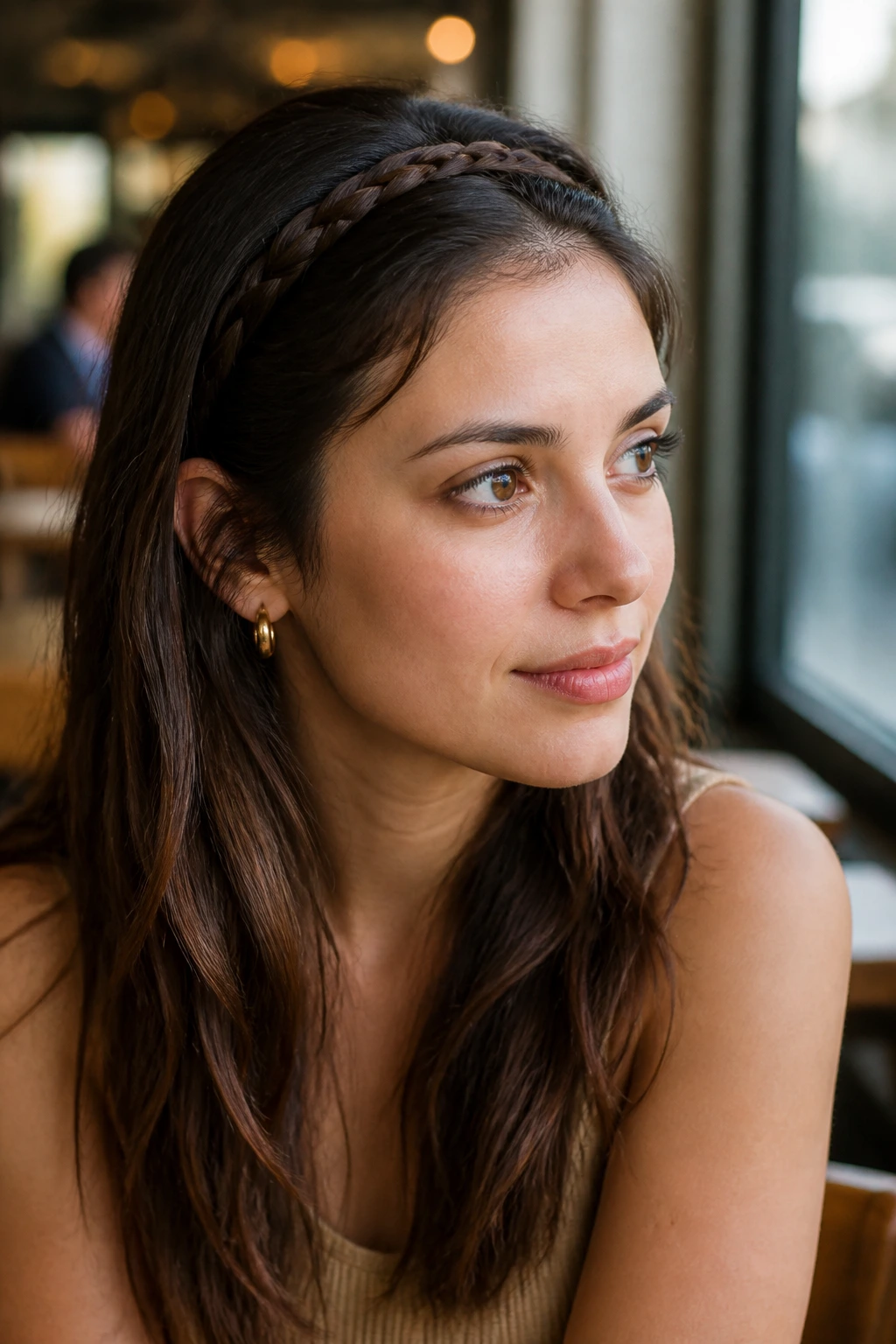 Close-up of a real woman wearing a braided headband with loose lengths.