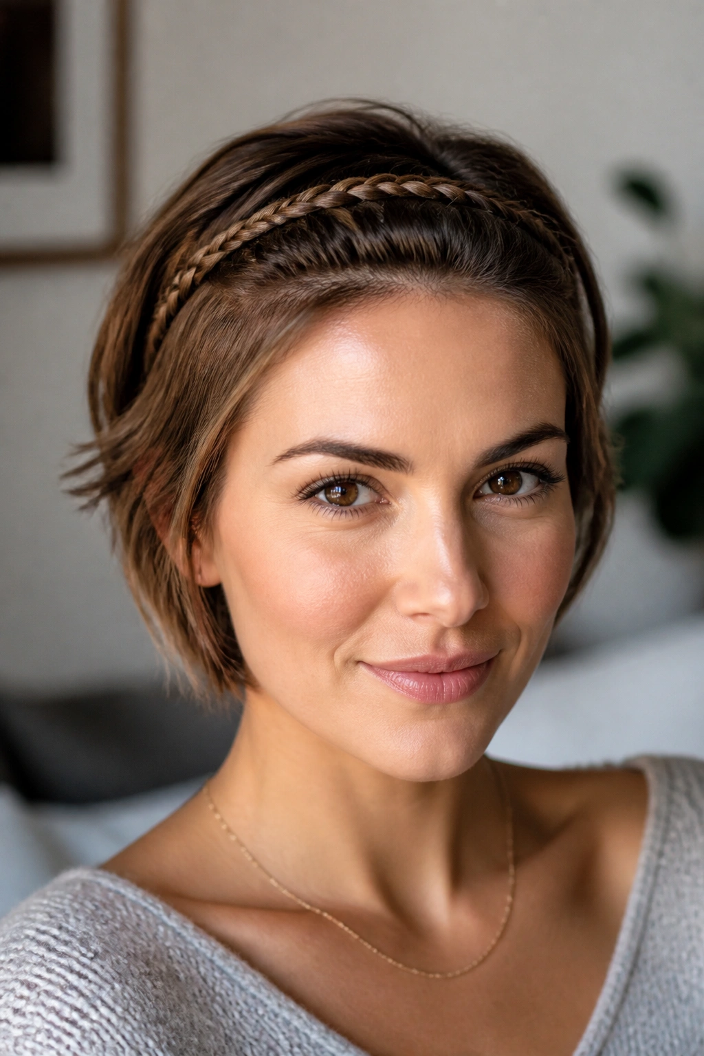 Close-up of a real person with a braided headband across the front hairline