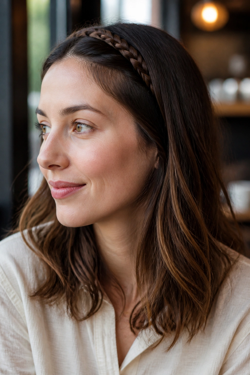 Real woman wearing a slim braided headband, close-up with warm cafe light