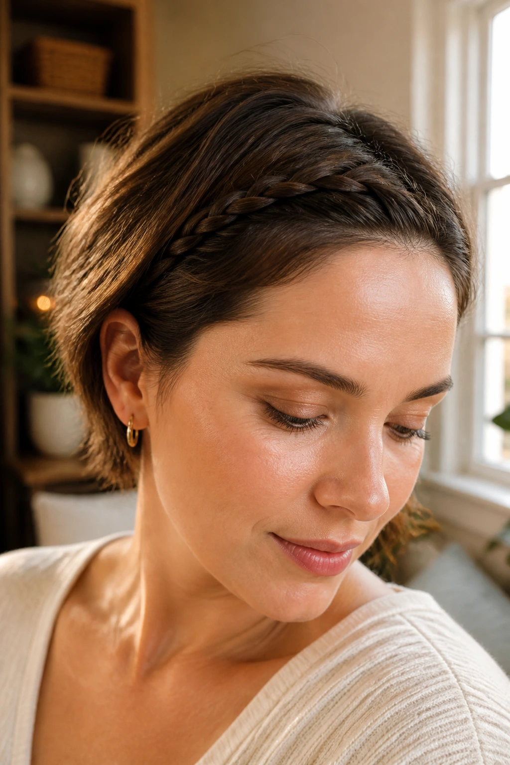 Portrait of a woman with a small braided headband along the hairline