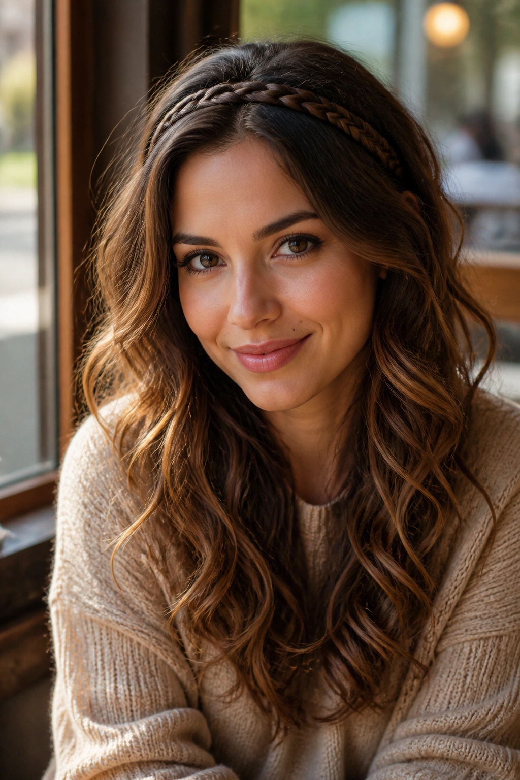 Close-up of real woman with braided headband and soft curl lengths by a cafe window