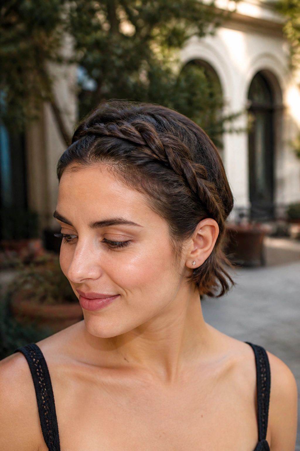Close-up of a real person with a braided headband and tucked ends