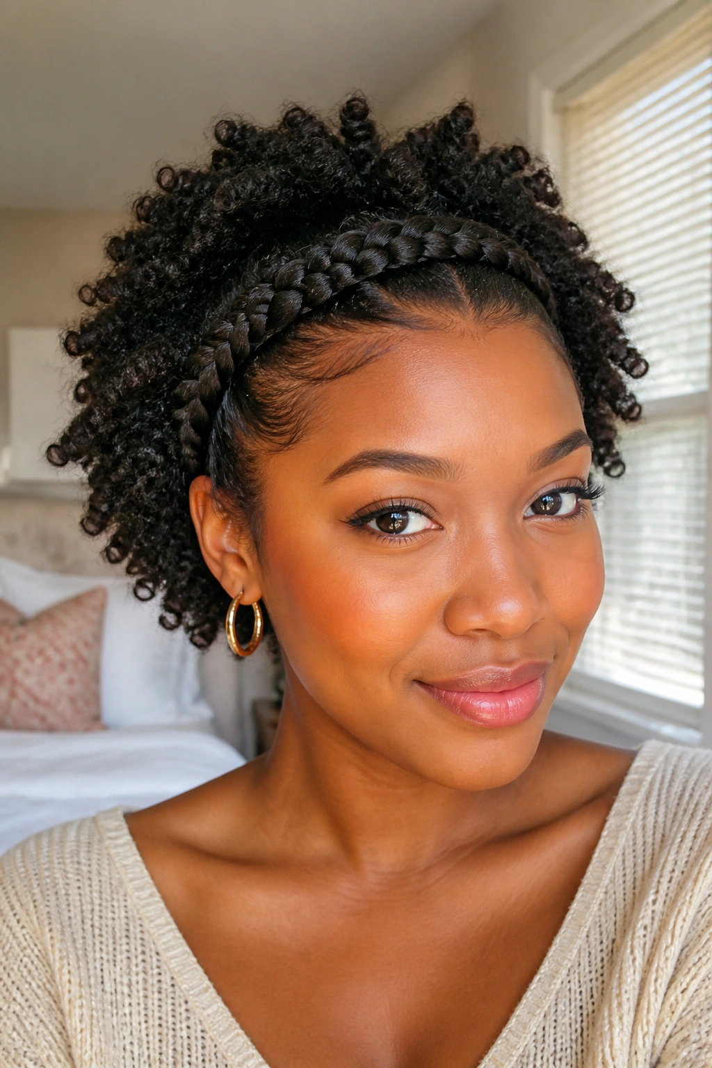 Close-up of a real woman with a braided headband over a twist-out in natural light