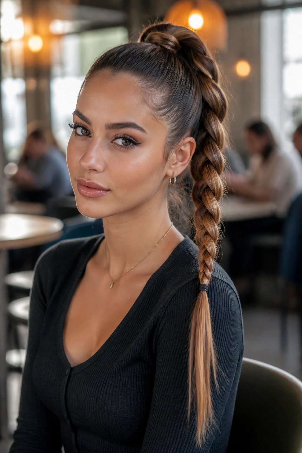 Close-up of a real woman with a braided high ponytail