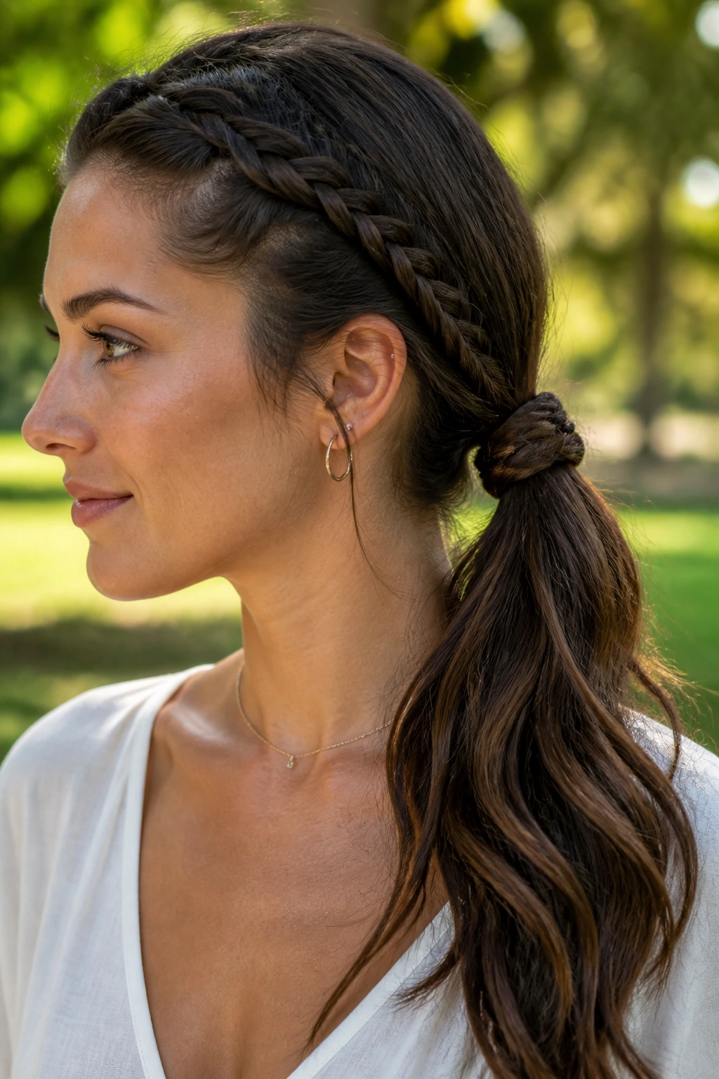 Close-up of a real woman with a Braided-Into-Knot Ponytail featuring a crown braid into the knot