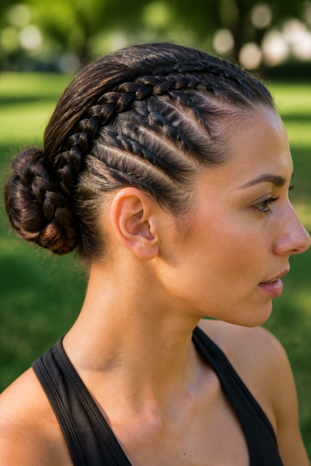 Close-up of real woman's braided knot at the nape with a tight scalp braid