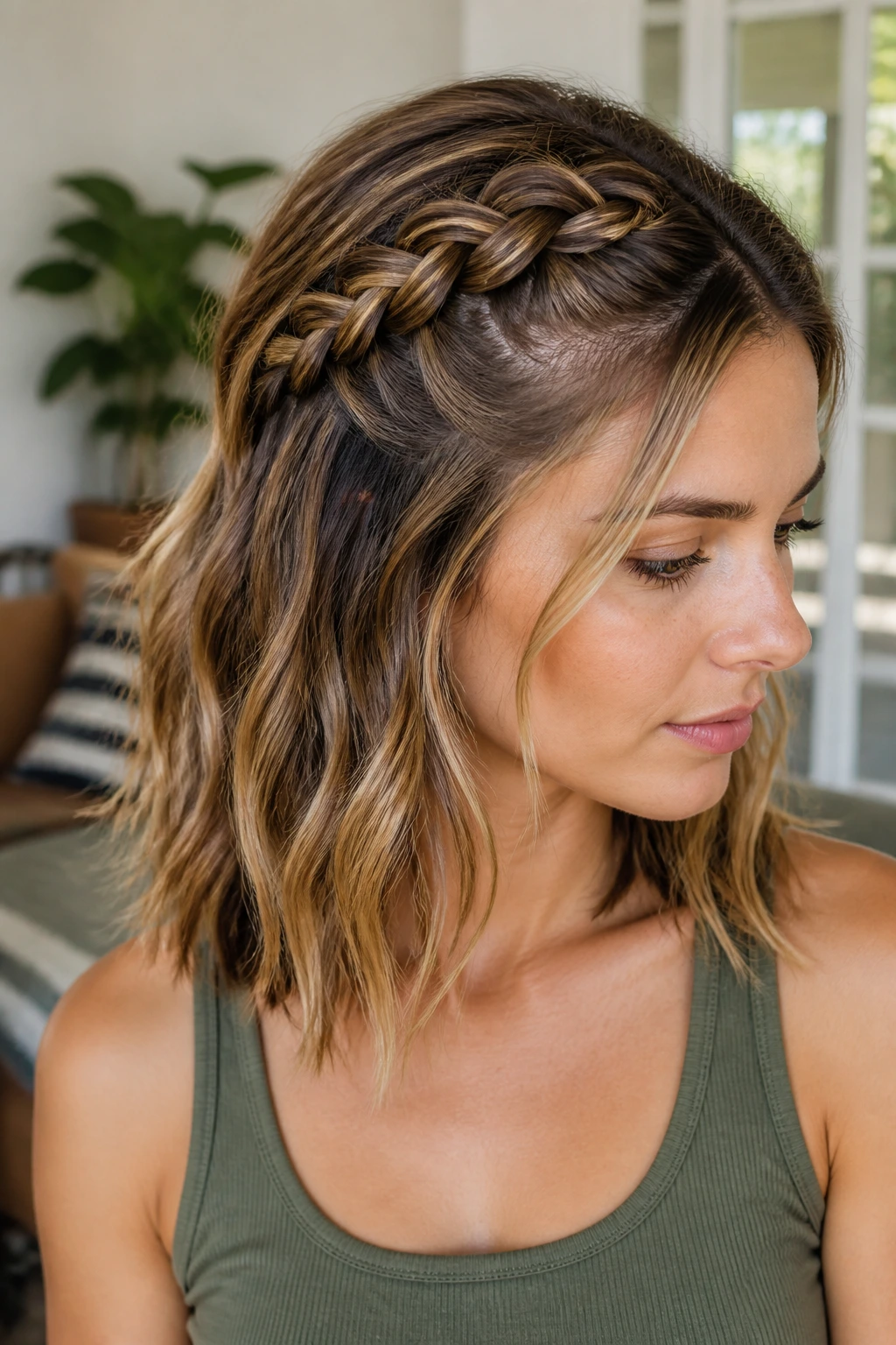 Close-up of a real person with a braided lob featuring a crown braid