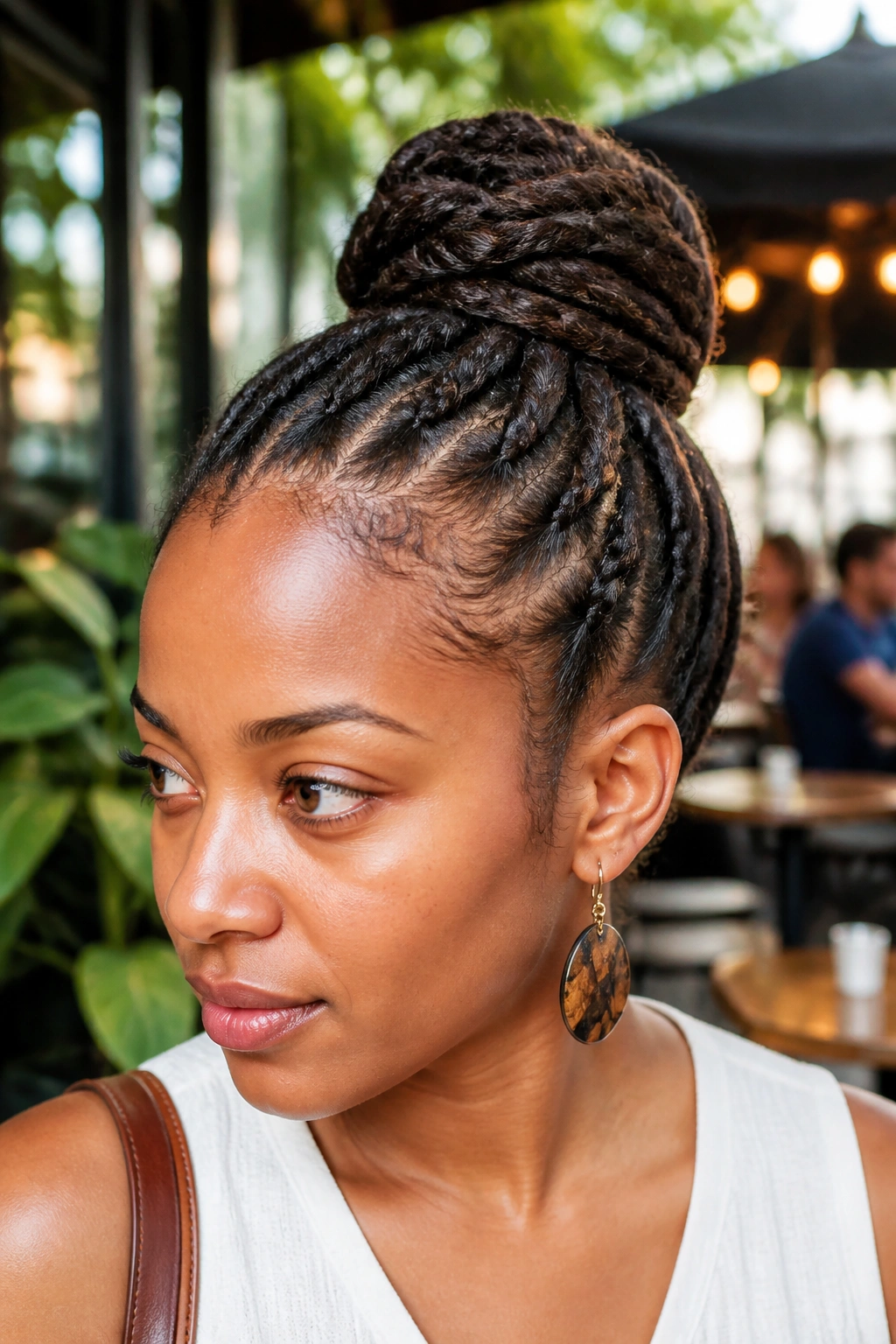 Close-up of a real person with braided loc bun and tucked ends