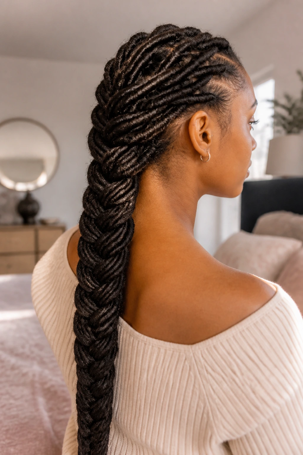 Close-up portrait of a real person with thick braided locs forming a single long plait