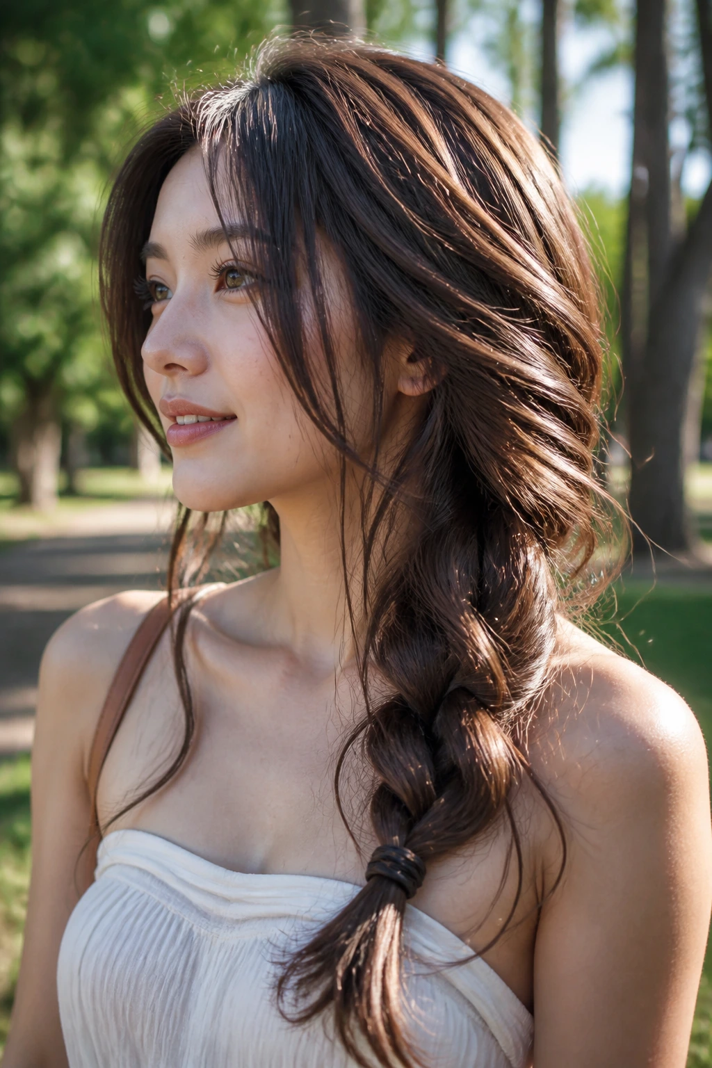 Real woman with braided long layers in outdoor park sunlight