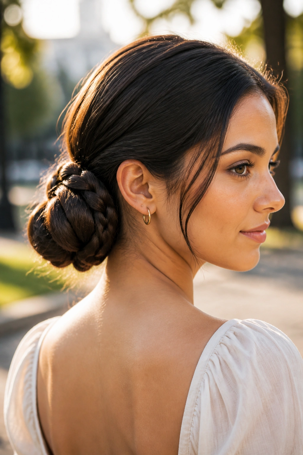 Close-up of real woman with braided low bun at nape