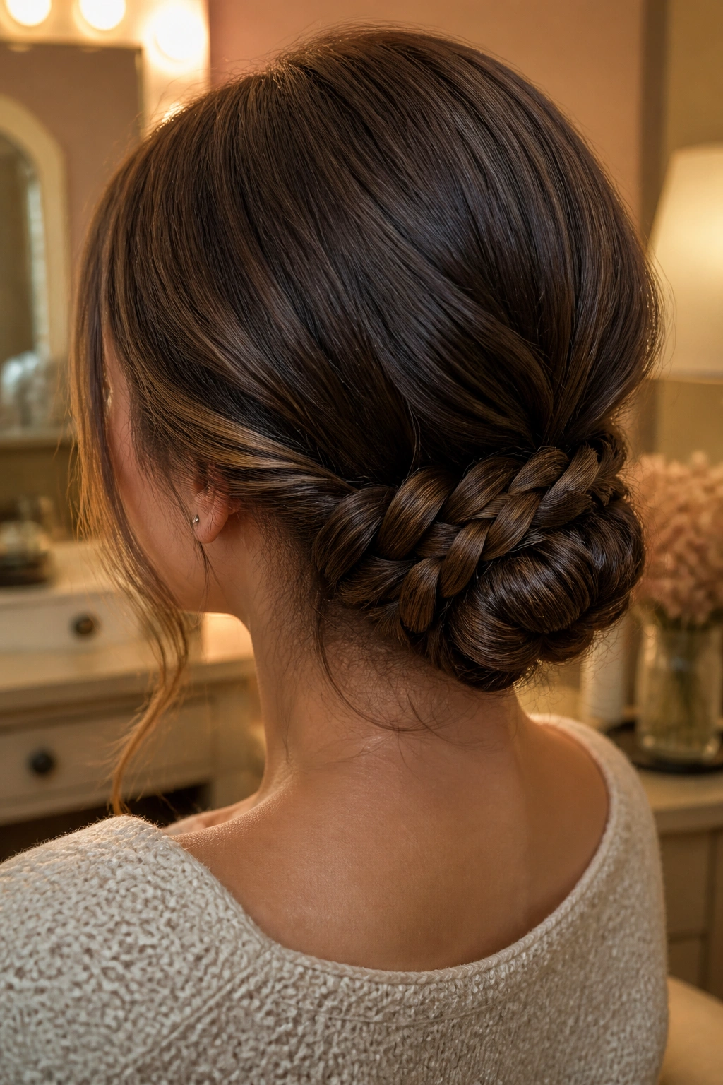 Back view close-up of a real woman's head showing a braided low bun at the nape.