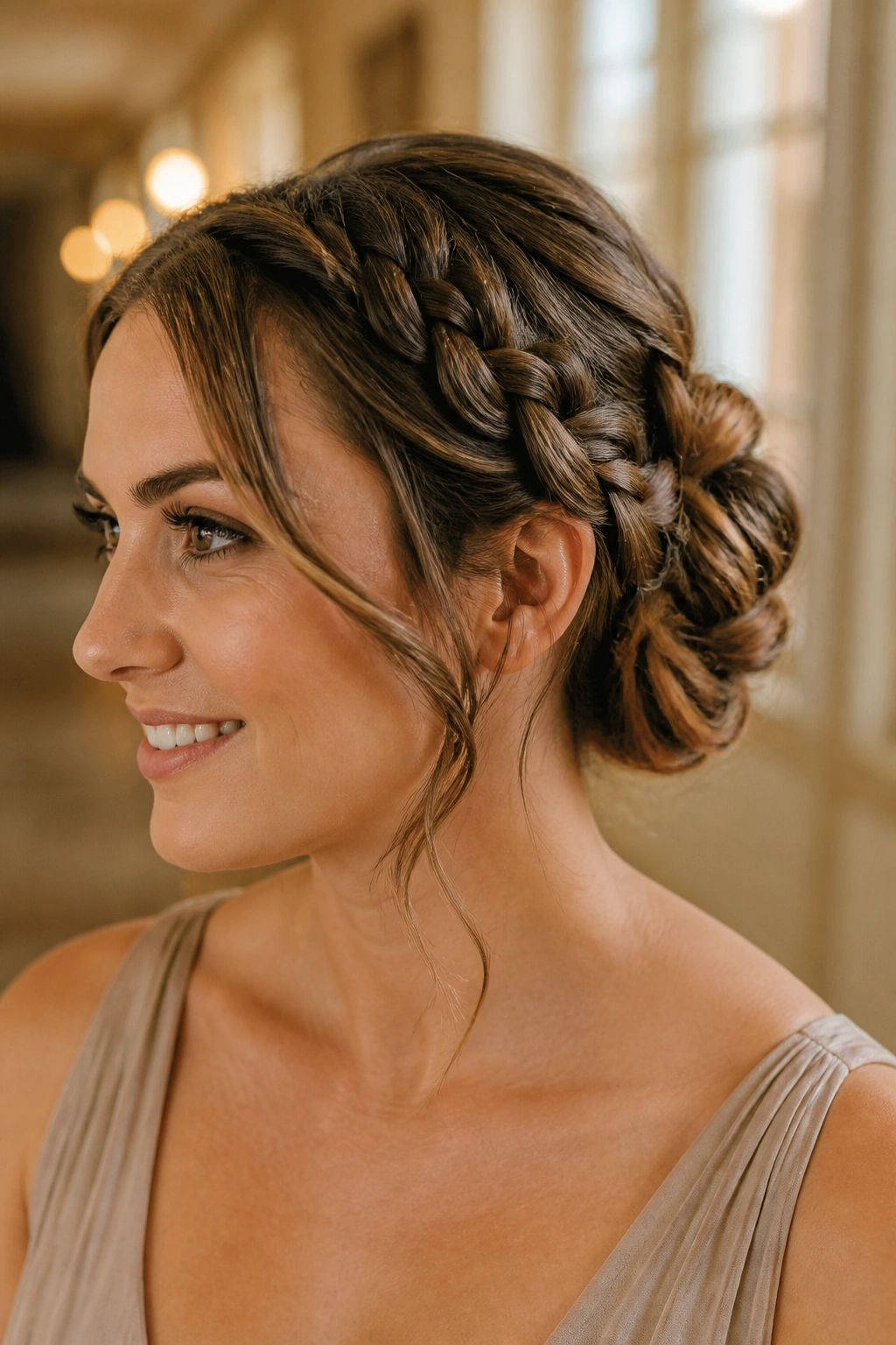 Close-up of a real woman with braided low bun and face-framing strands