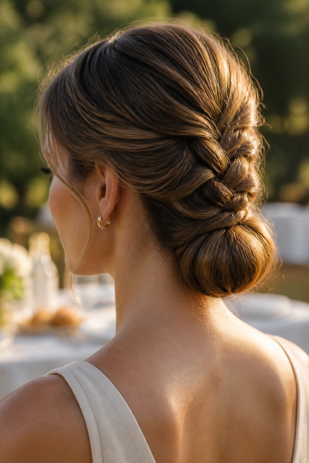 Portrait of a woman with a braided low bun, braid visible at the back of the head.