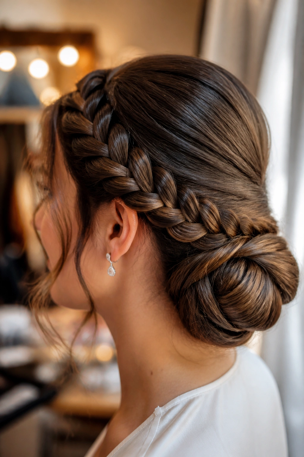 Real woman with braided low bun at the nape