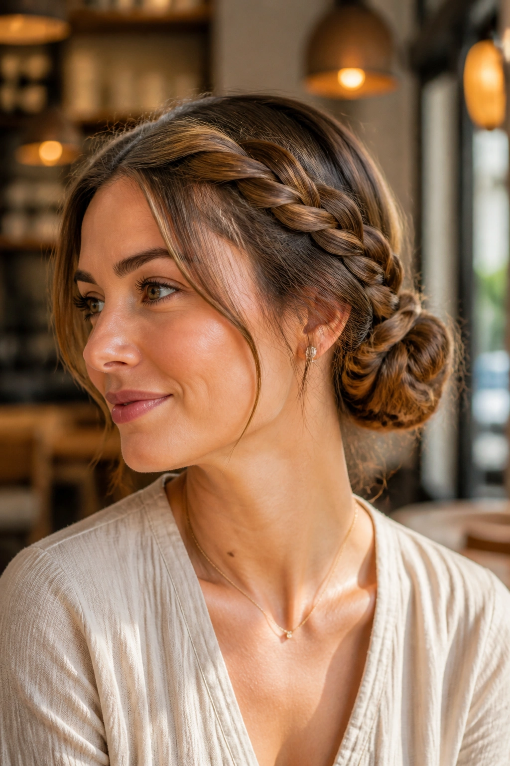 Close-up portrait of a real woman with a braided low bun at the nape in warm daylight