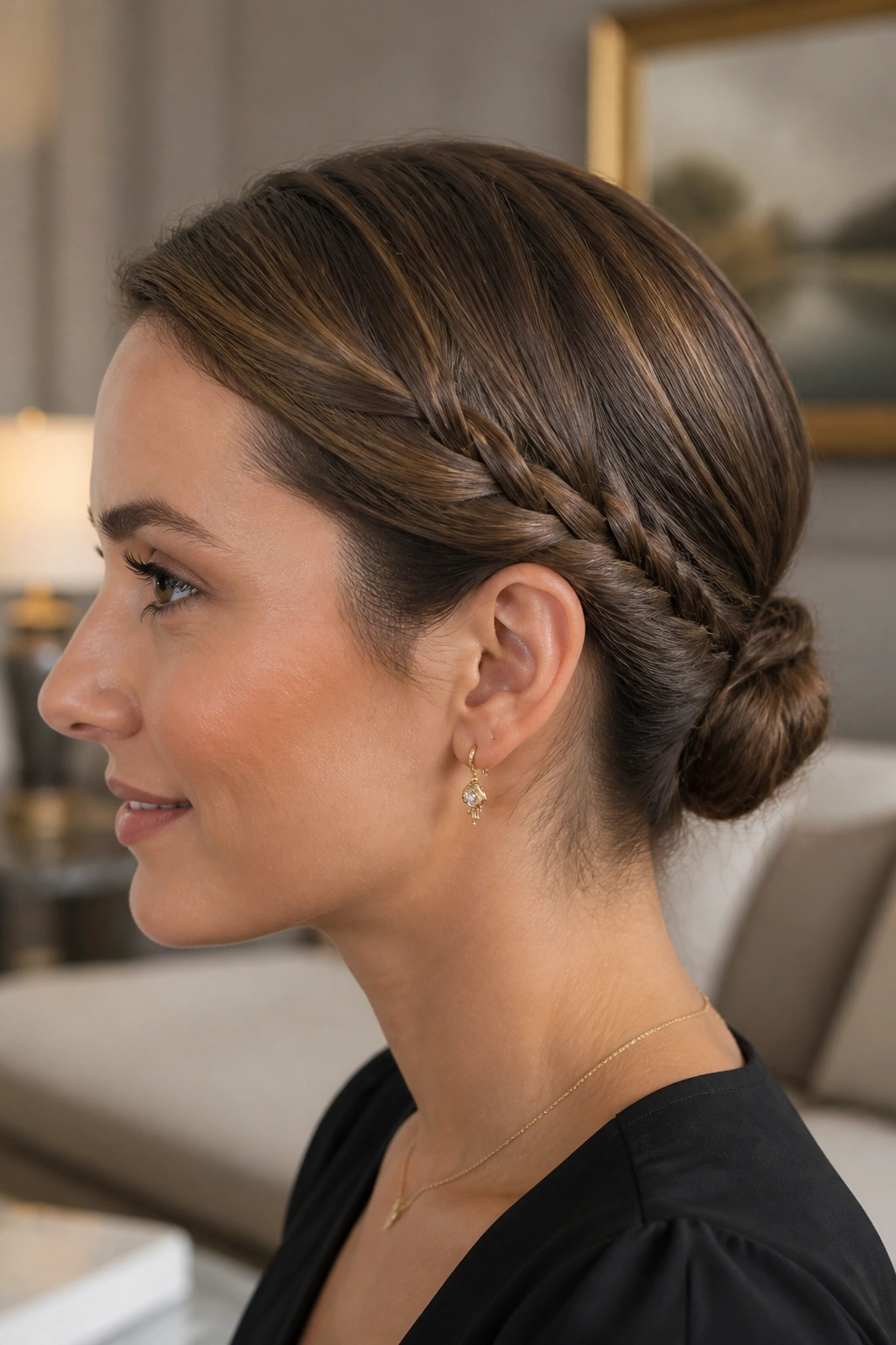 Close-up portrait of a real woman with a braided low bun and hidden ends