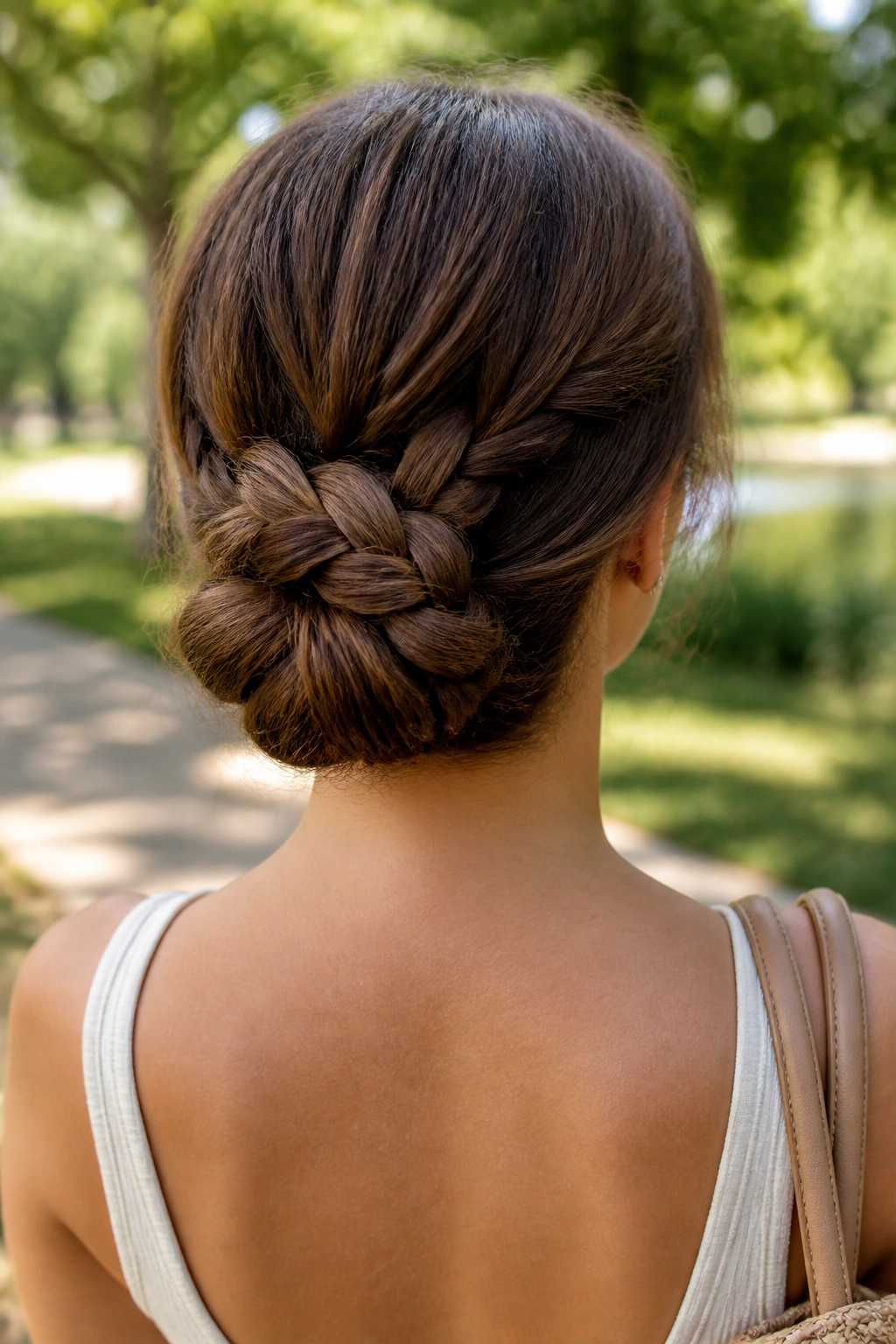 Rear view of a woman with a braided low bun at the nape in humid-day outdoor setting