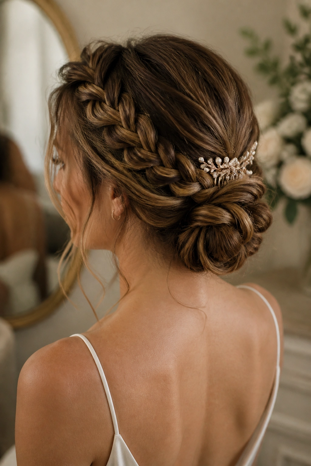 Real bride with braided low bun and loose pieces