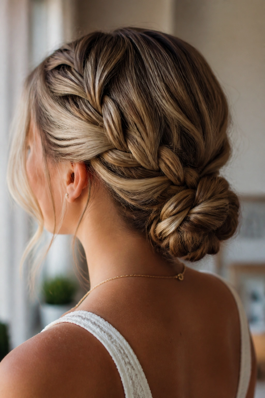 Real woman with braided low bun at the nape.