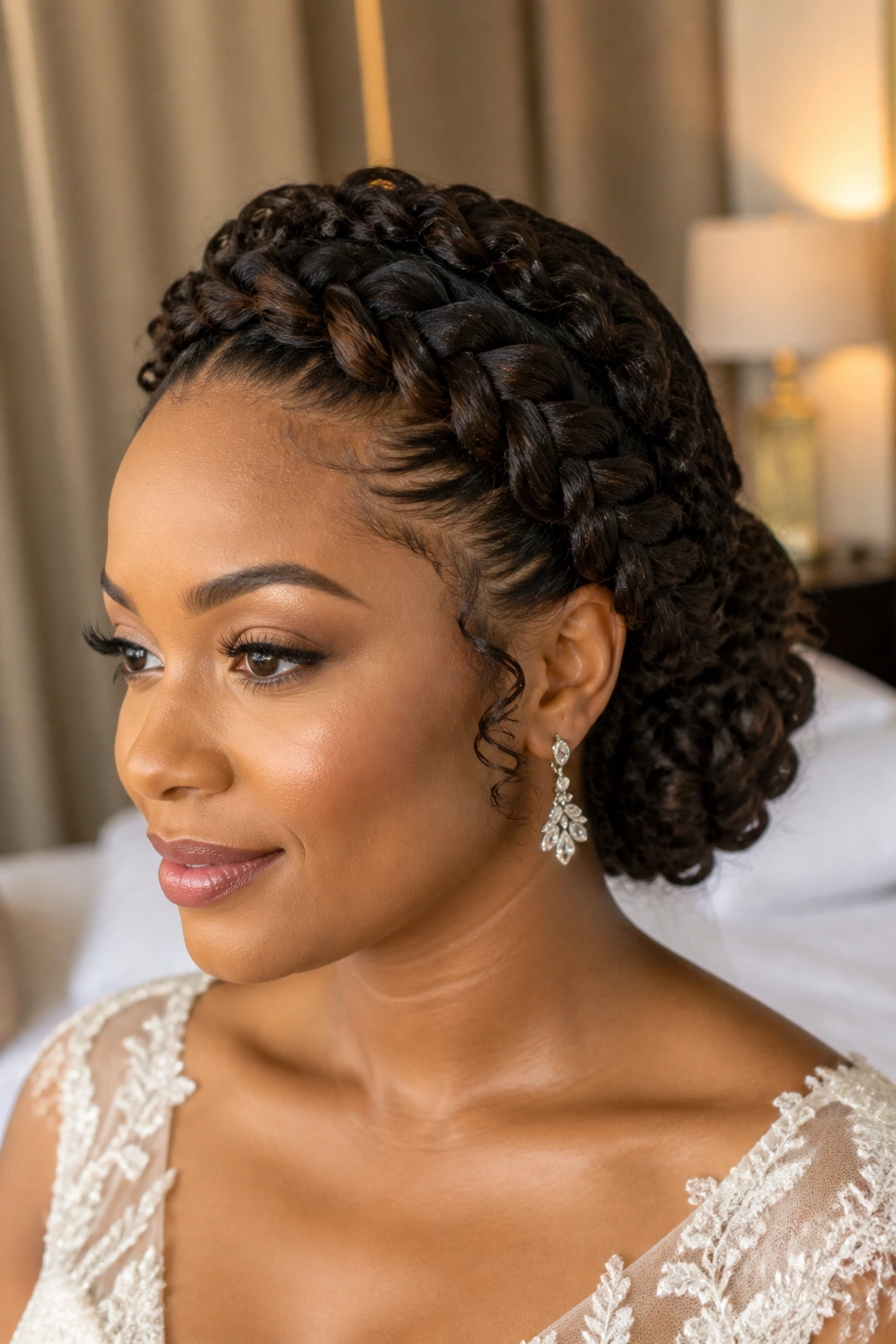 Close-up of braided low bun for natural curls on real bride