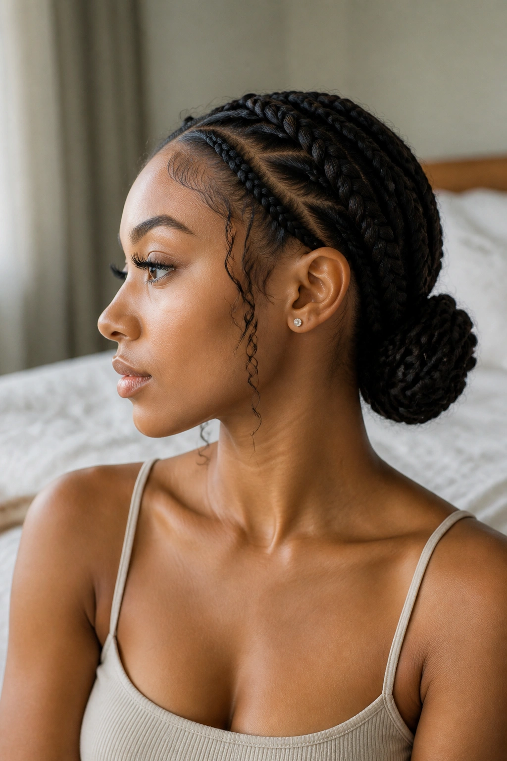 Close-up of a real woman with a braided low bun at the nape in a softly lit bedroom