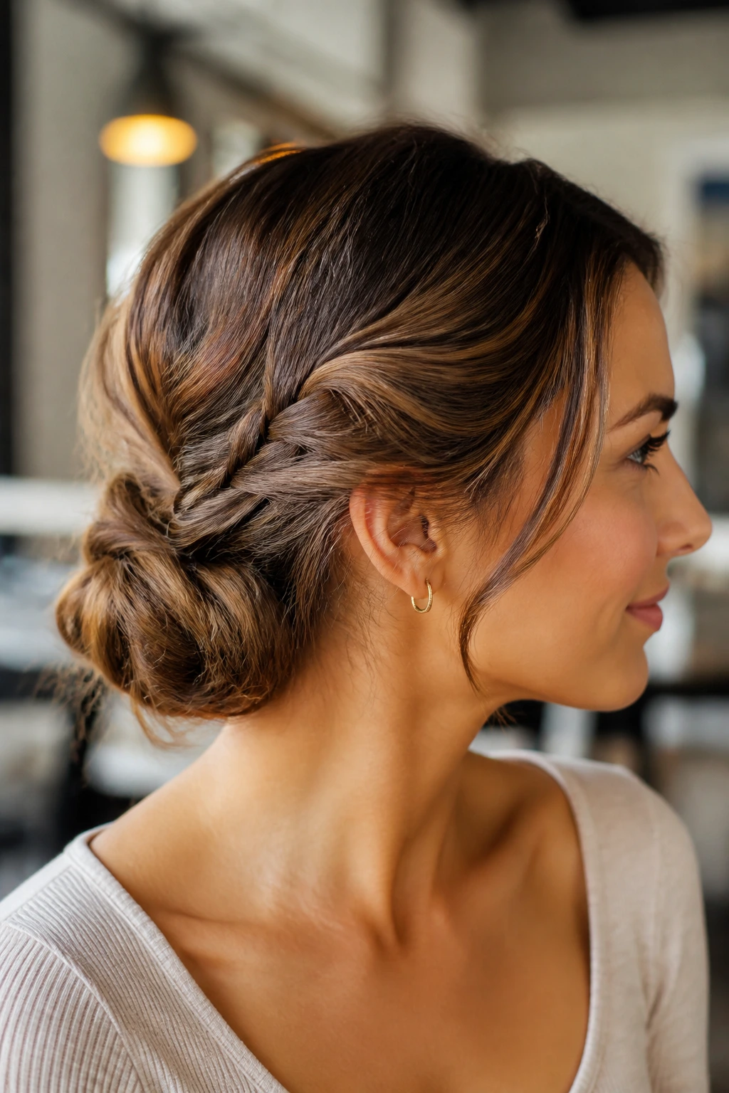 Close-up of a real woman with a braided low bun at nape in cafe light