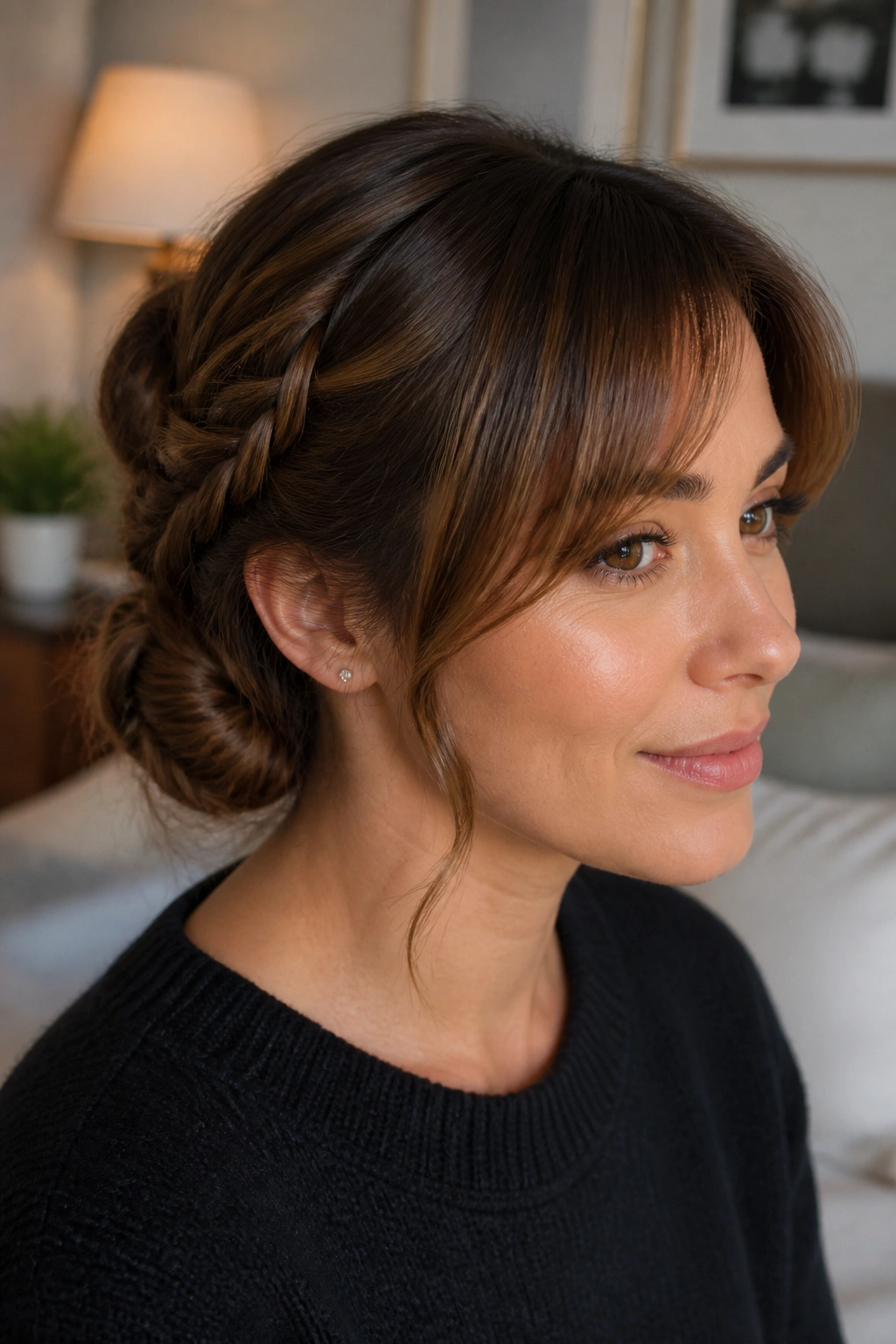 Close-up of braided low bun with side bangs on a real woman