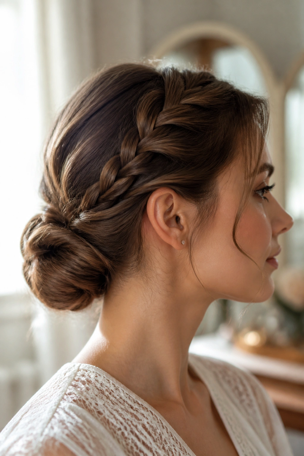 Close-up of a real woman with a braided low bun