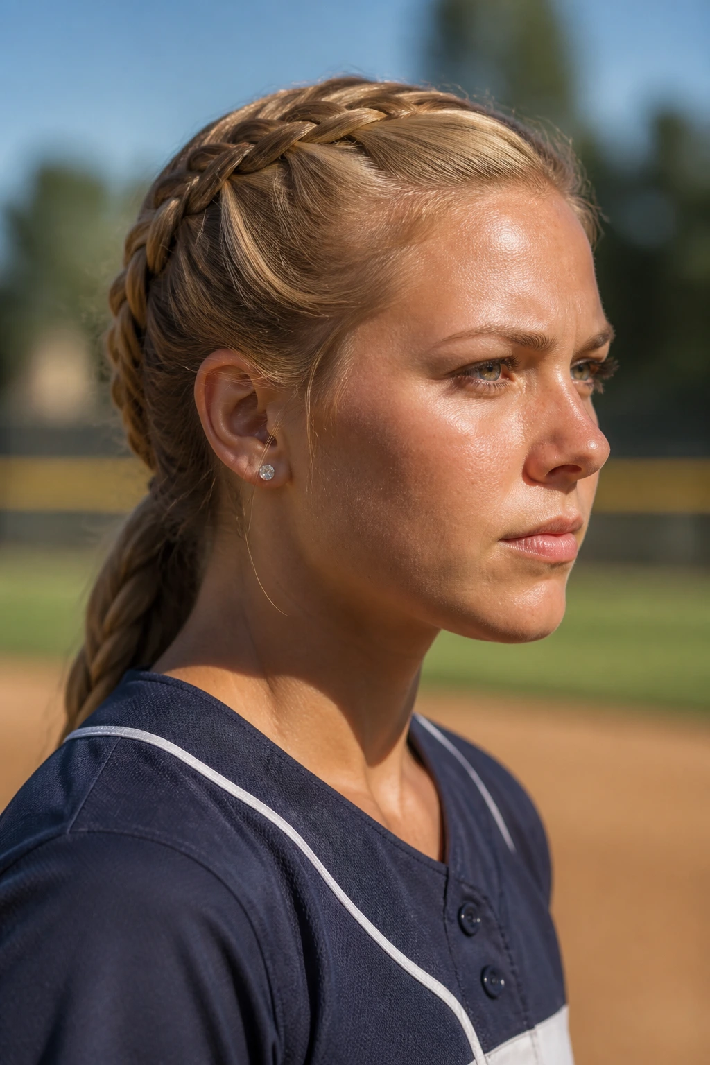 Close-up of a real athlete with a braided low ponytail