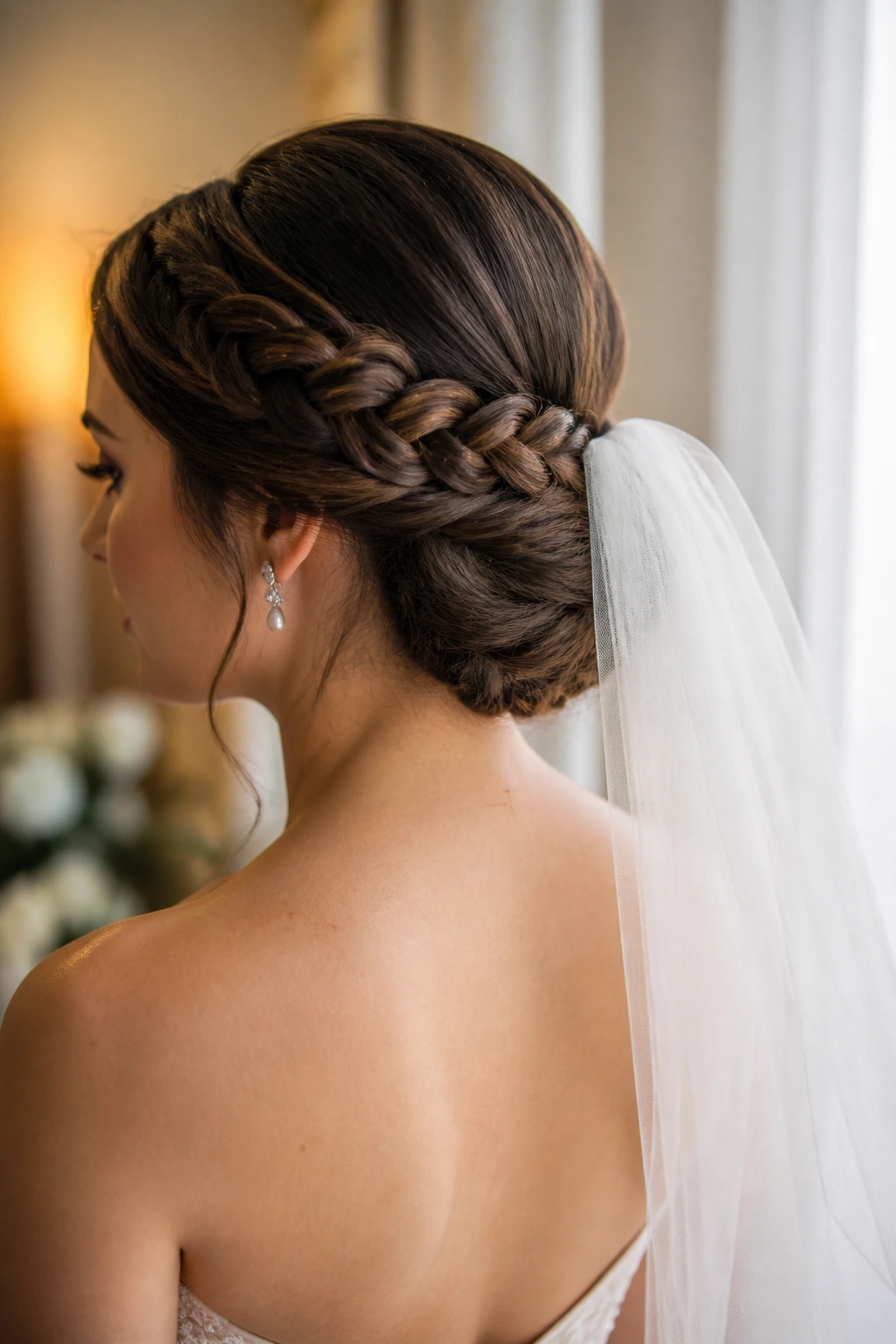 Bride with a braided low roll at the nape and veil base.