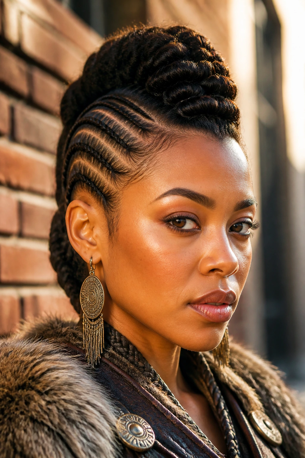 Close-up portrait of a real woman with a braided Mohawk on coily hair, sides pinned tight and front lifted.