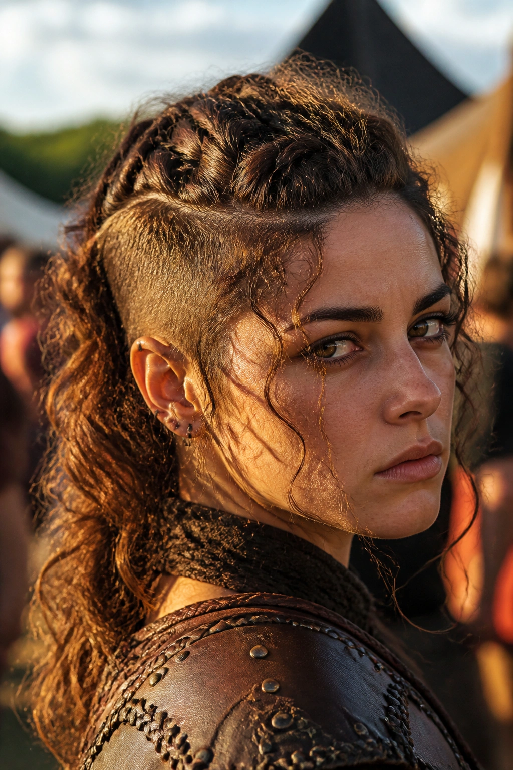 Close-up of a real person with a braided mohawk and curly sides in an outdoor setting