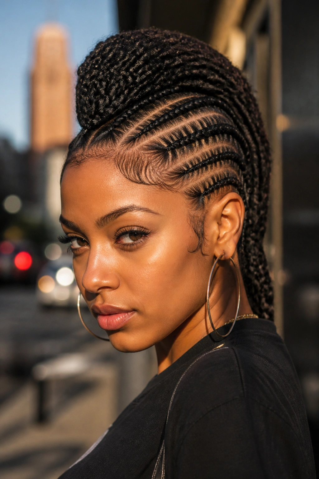 Close-up of a real woman with a braided mohawk and front cornrows