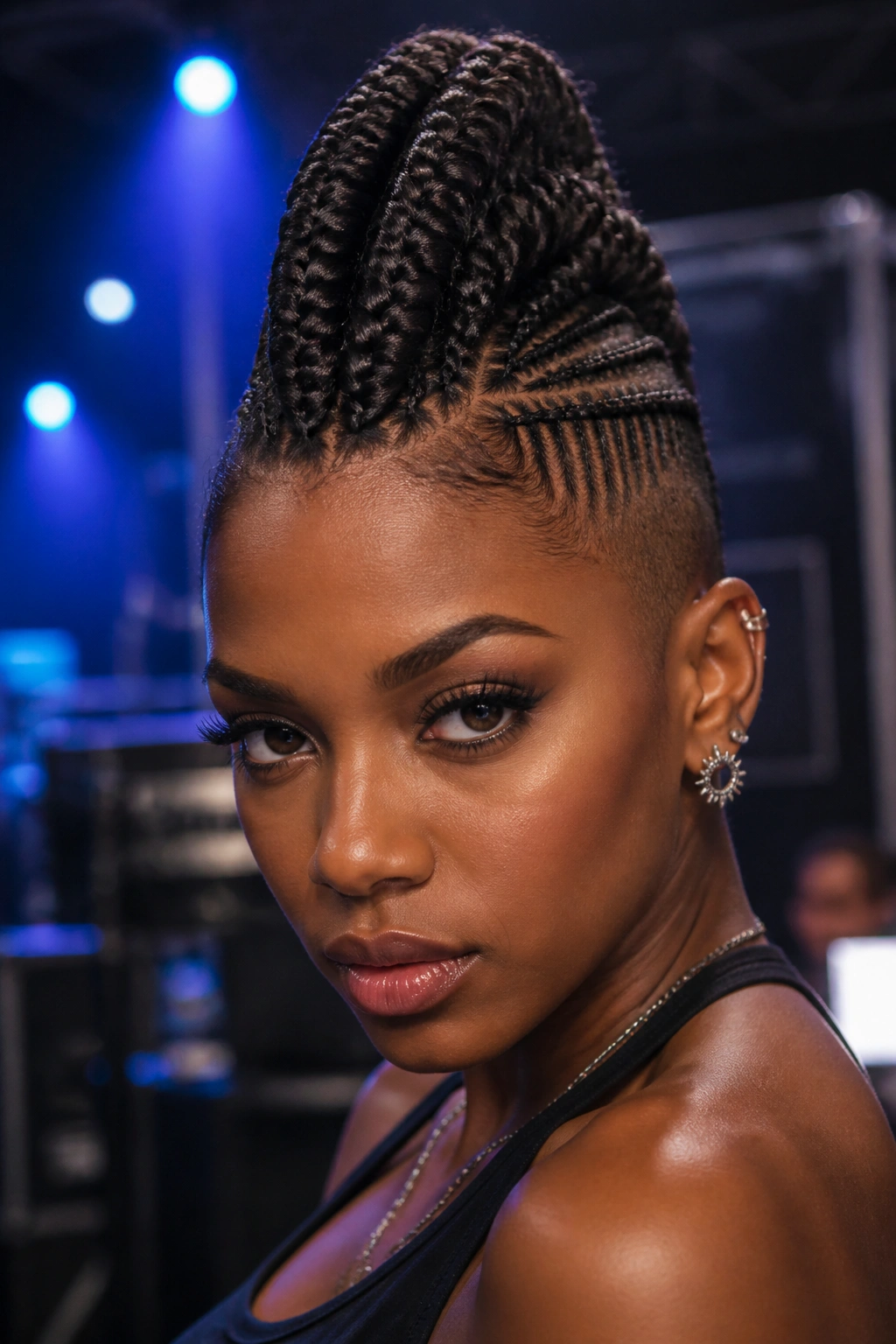 Close-up of a real woman with a braided Mohawk