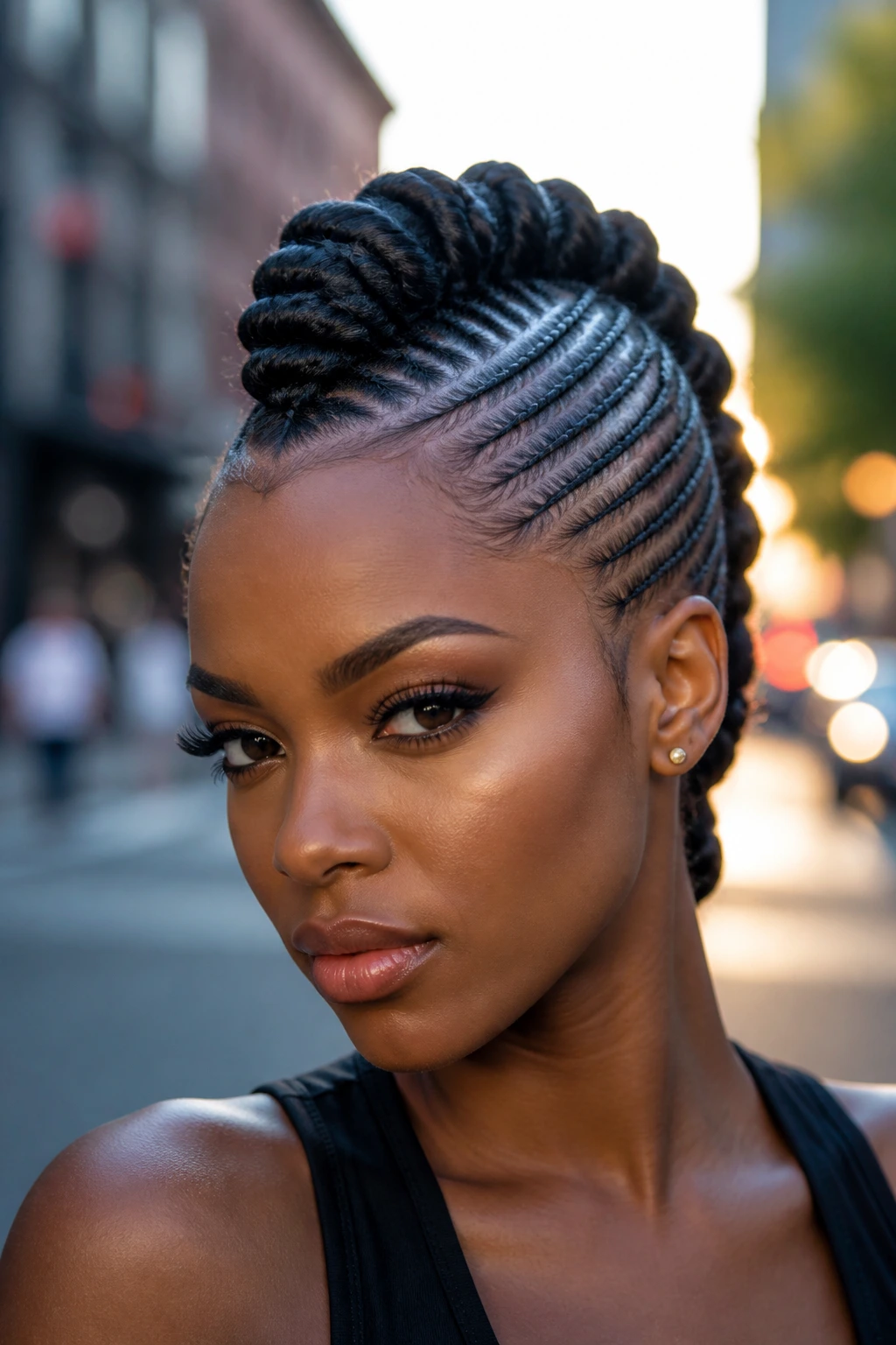 Close-up of a real woman with a braided mohawk against an urban backdrop