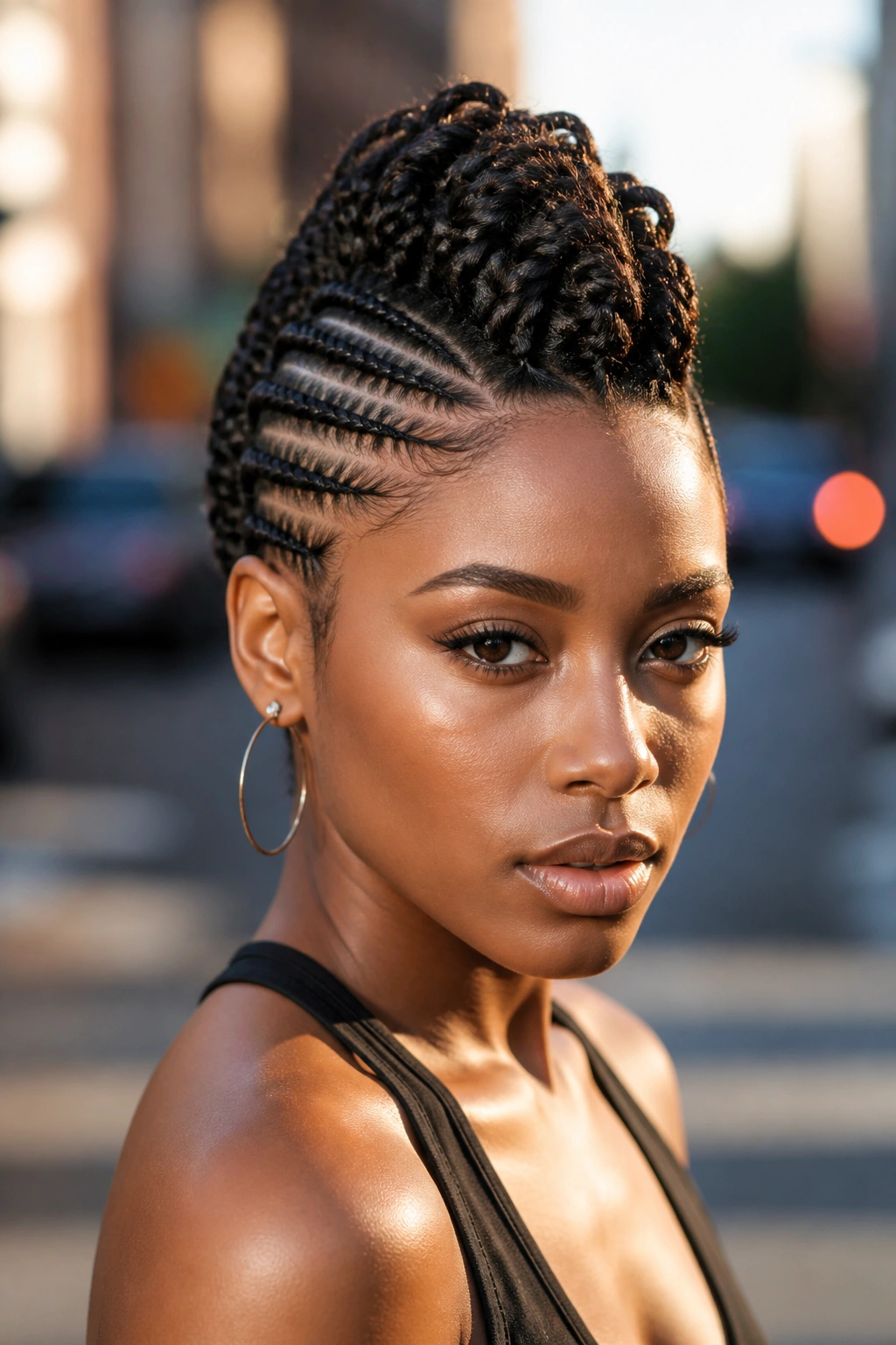 Close-up of real person with braided Mohawk on short hair