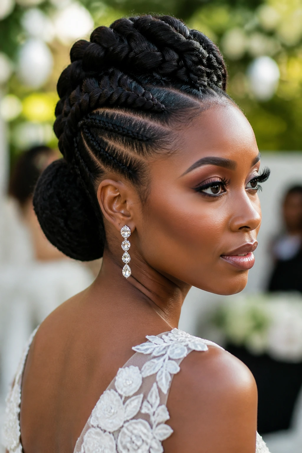 Close-up of a real person with a braided mohawk updo for coily hair.