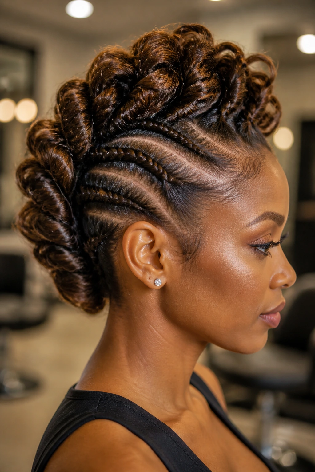 Profile view of real woman with a braided mohawk updo