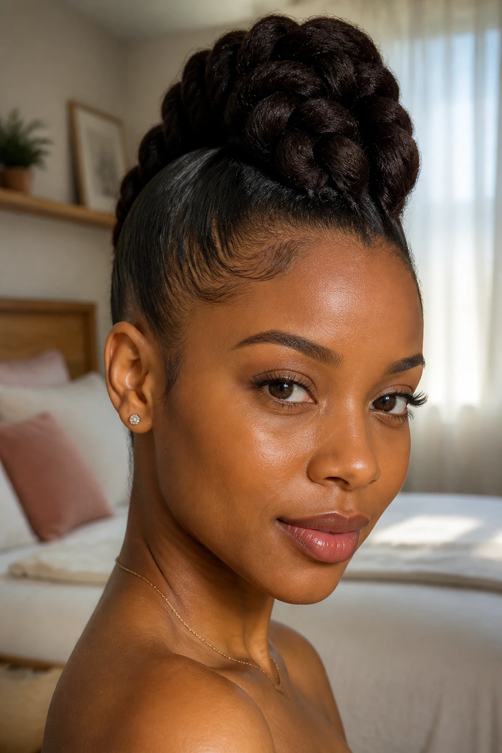 Close-up of a real woman with a tall braided Mohawk updo in warm window light