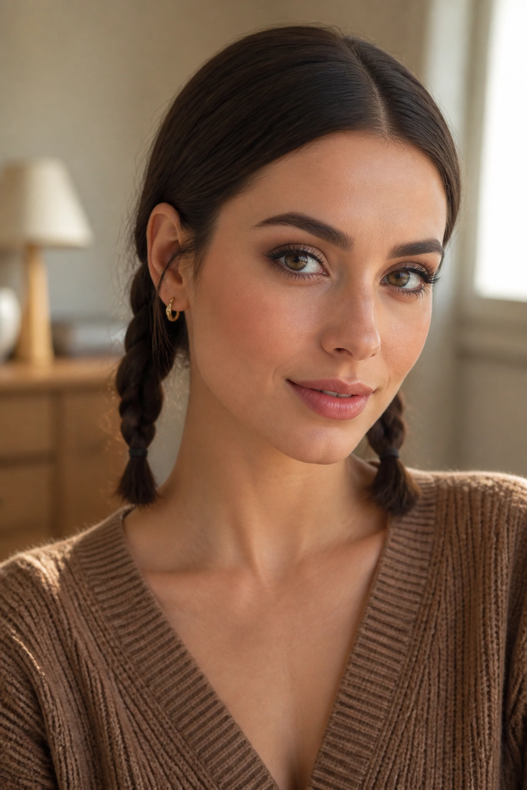 Close-up of brunette with two low braids, middle part, ends bent, natural window light