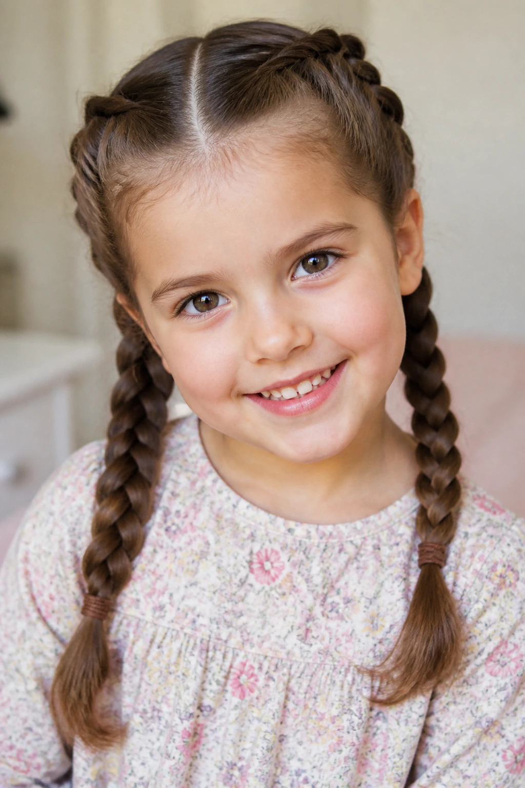Close-up of a child with two neat braided pigtails