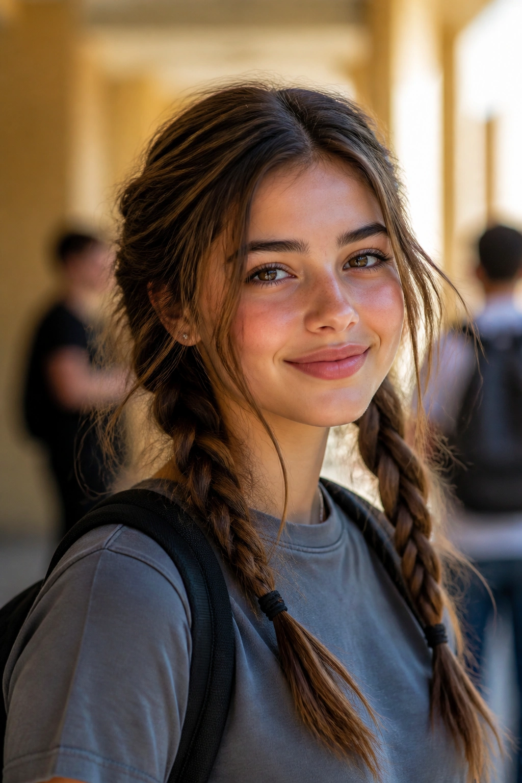 Teen girl with modern braided pigtails and middle part