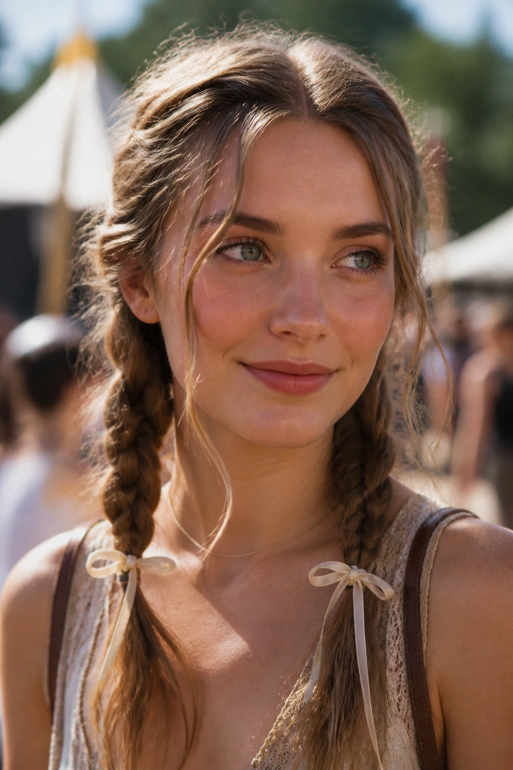 Real woman with two low braided pigtails tied with narrow ribbons