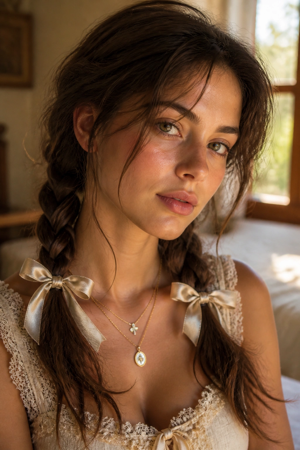 Close-up of a real woman with braided pigtails tied with satin ribbons