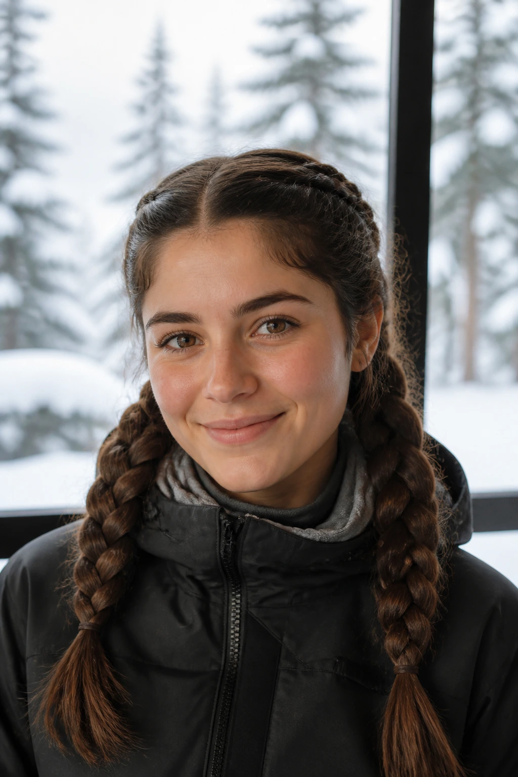 Close-up of a real woman with two thick braids parted down the middle.
