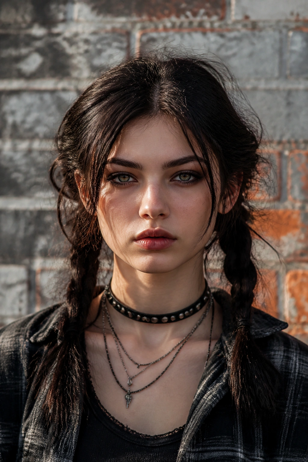 Front-close portrait of a real woman with braided pigtails and undone edges.