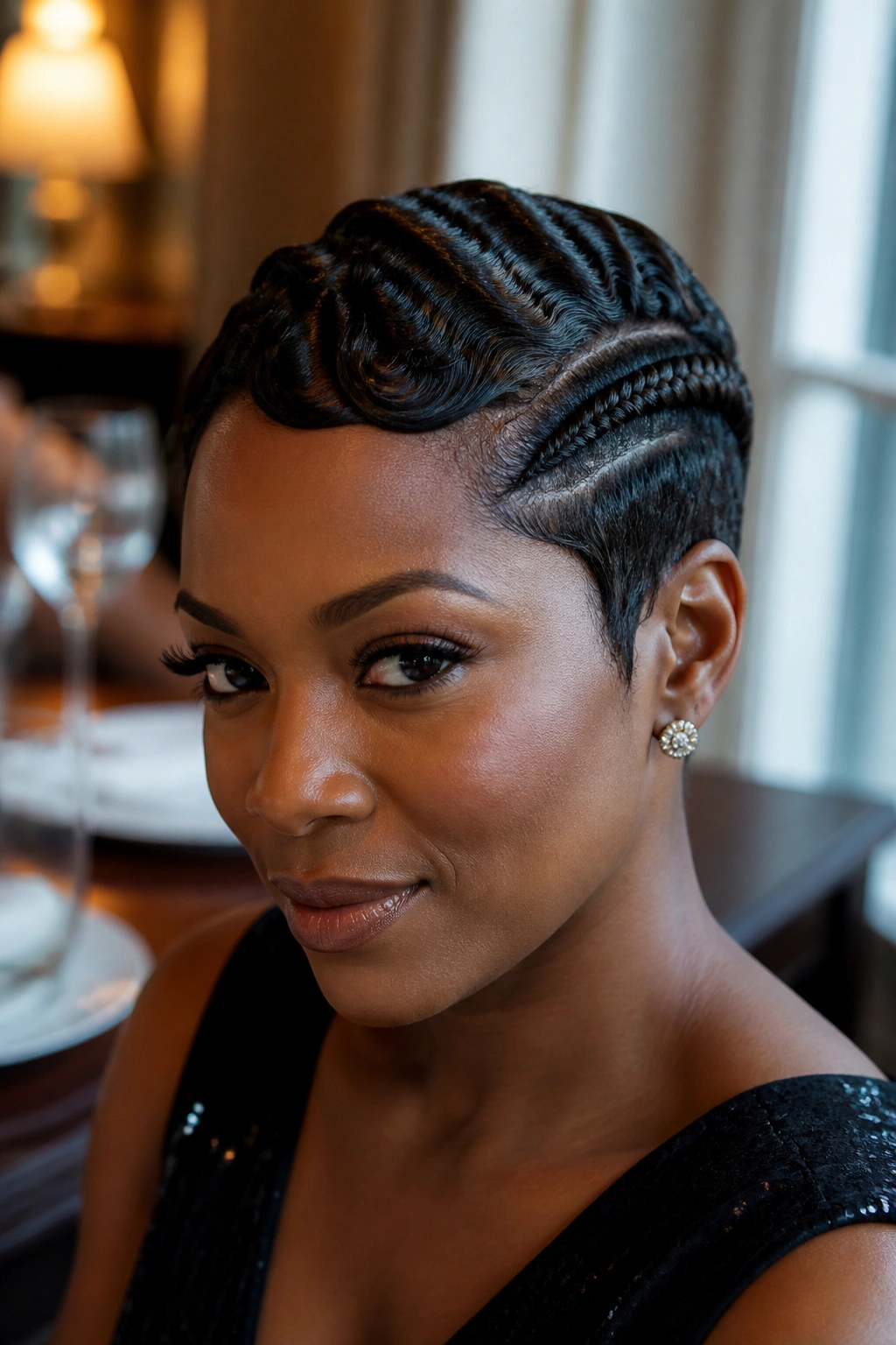 Close-up of a real Black woman with a braided section and finger waves on a pixie.